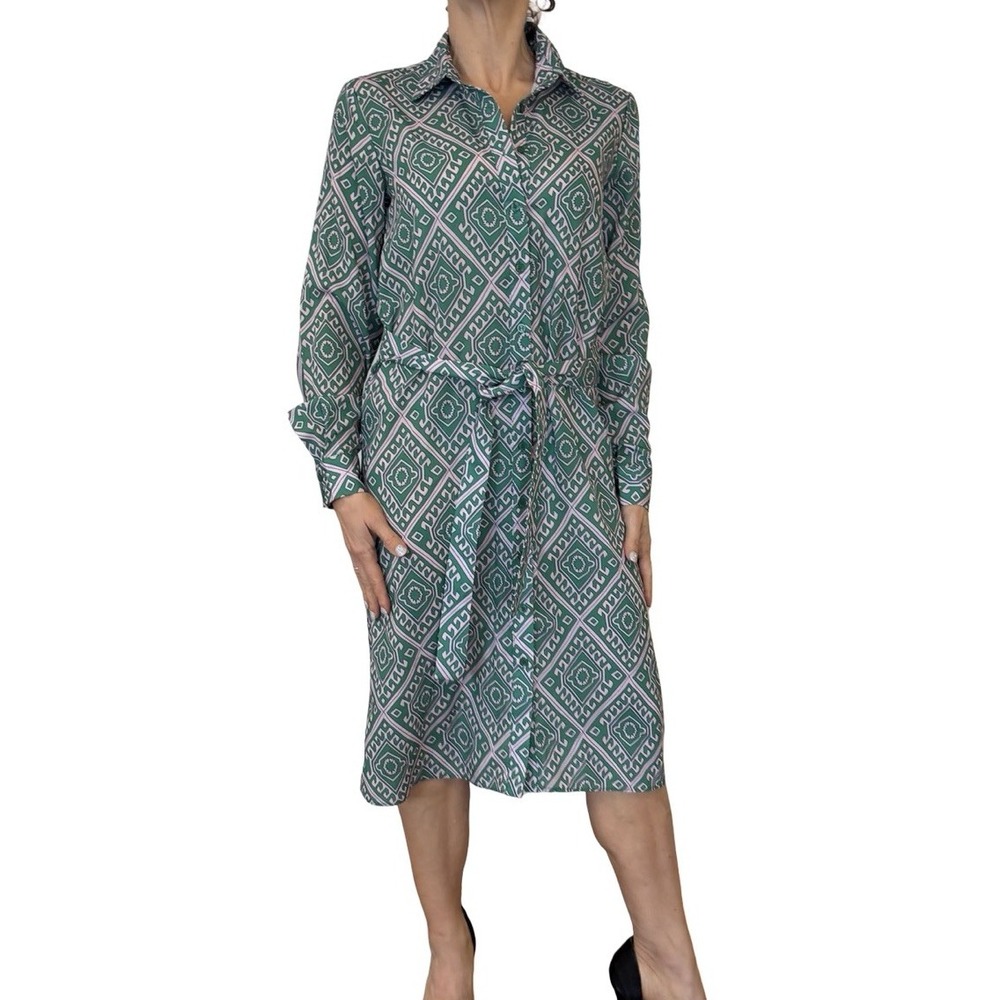 The Shirt Rochelle Behrens  Midi Shirt Dress Belted Green Geometric‎ XS